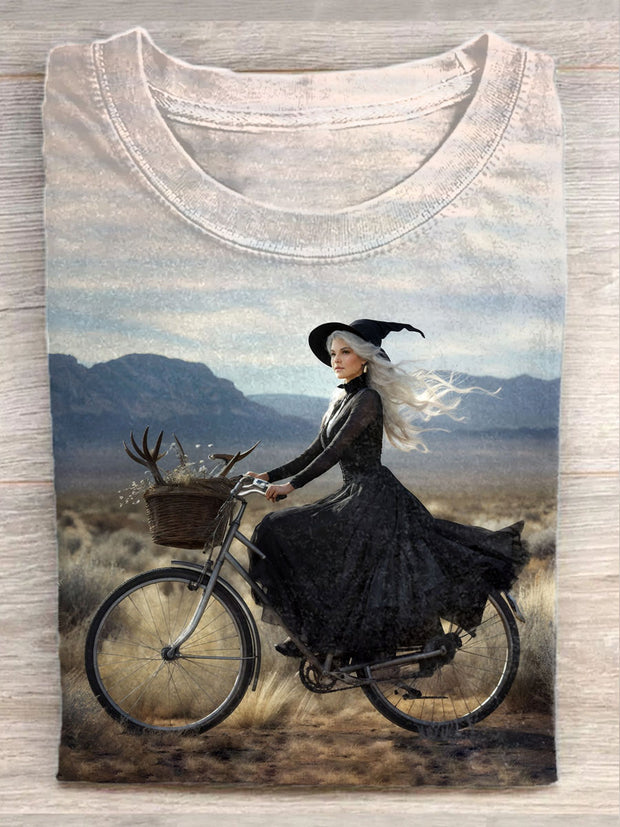 Unisex Halloween Witch Ride Art Illustration Printed Casual Cotton Round Neck T-Shirt