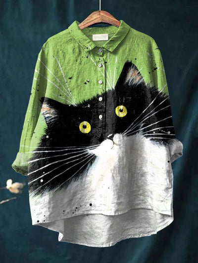 Cat Art Printed Women's Casual Cotton And Linen Shirt