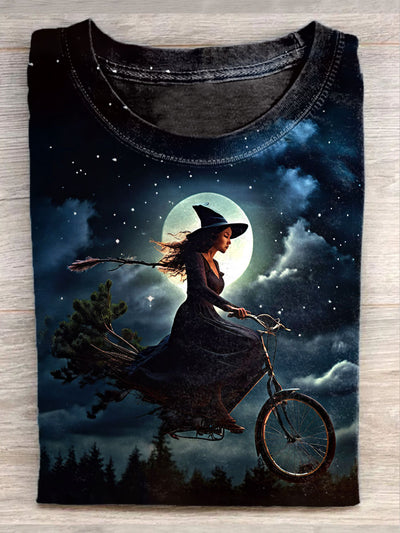 Unisex Halloween Witch Ride Art Illustration Printed Casual Cotton Round Neck T-Shirt