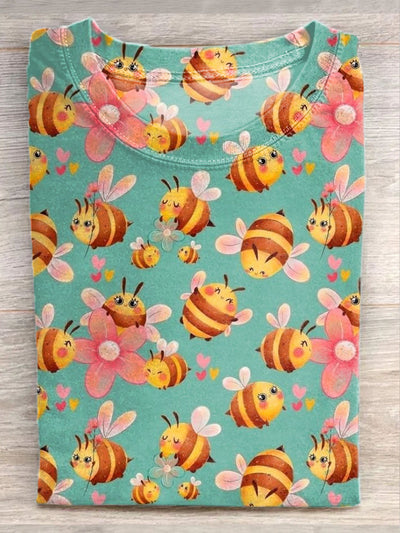 Unisex Cute Bee Art Illustration Printed Cotton Casual Round Neck T-Shirt