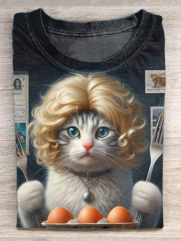 Unisex Eat Food Cat Art Illustration Printed Casual Cotton T-Shirt