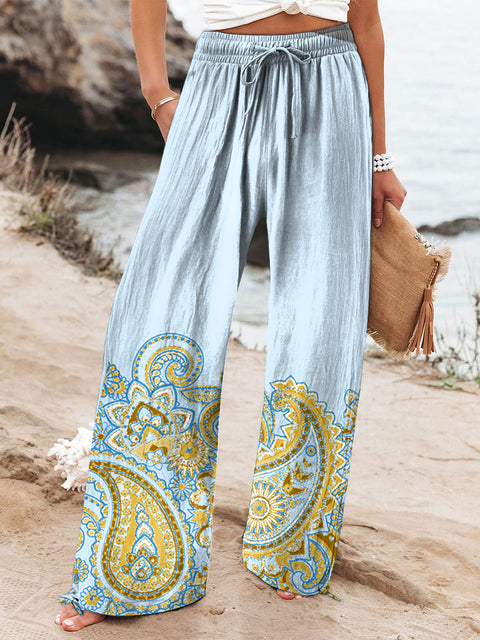 Women's Vacation Light Blue Paisley Retro Pattern Printed Cotton And Linen Casual Pants