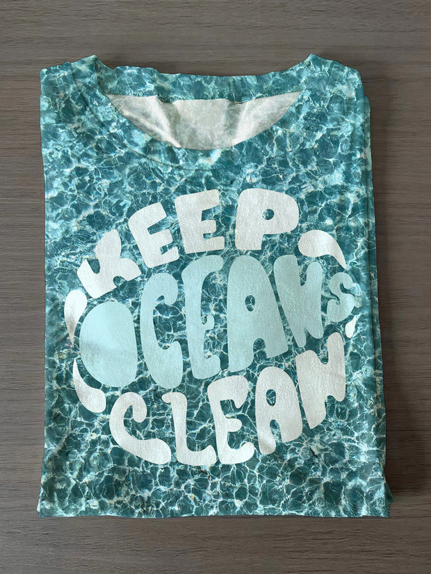 Unisex Keep Ocean Clean Art Illutration Short Sleeve Casual T-Shirt