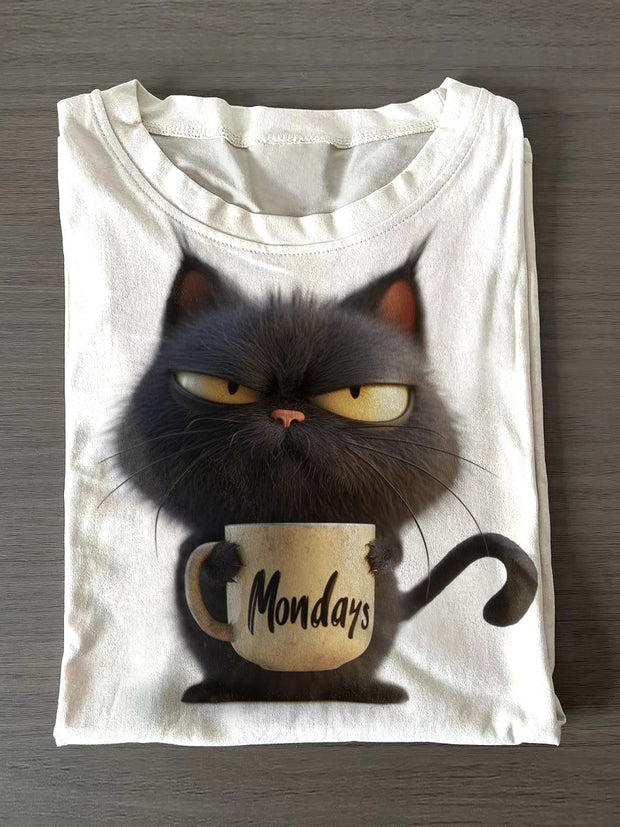 Unisex Monday Cat Art Illutration Short Sleeve Casual T-Shirt