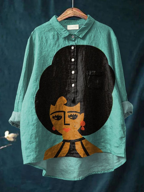 Sixties Woman Art Printed Women's Casual Cotton And Linen Shirt