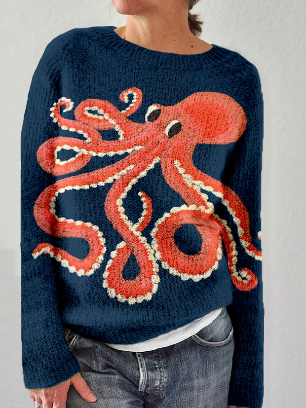 Women Cute Octopus Embroidered Art Cozy Knit Sweater