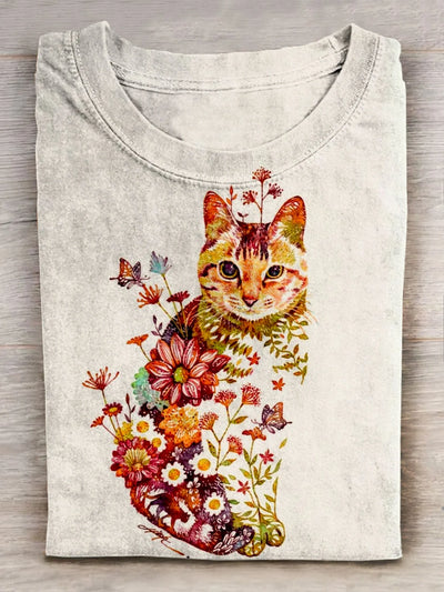 Cat Flower Art Print Casual Short Sleeve T-Shirt