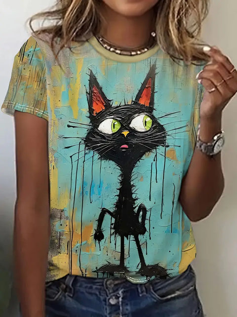 Women's creative oil painting cat T-shirt