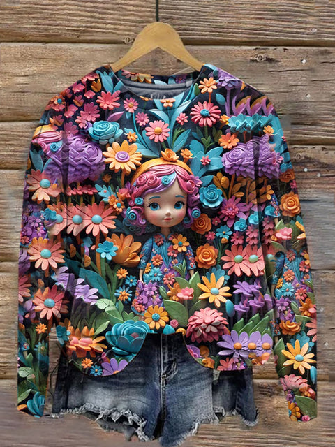 Women's 3D Doll Floral Art Illustration Printed Casual Round Neck Sweatshirt