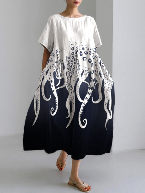 Ocean Octopus Japanese Art Linen Blend Casual Dress