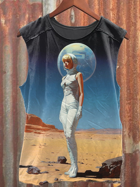 Unisex Retro Astronaut Art Illustration Printed Casual Tank Top