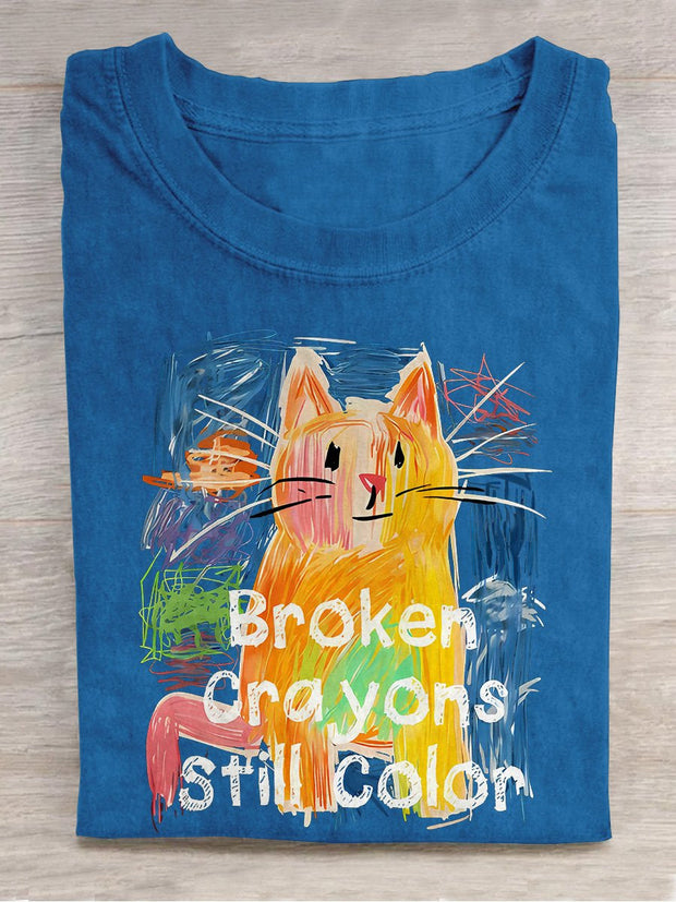 Broken Crayons Still Color Cat Teacher Casual Print T-shirt