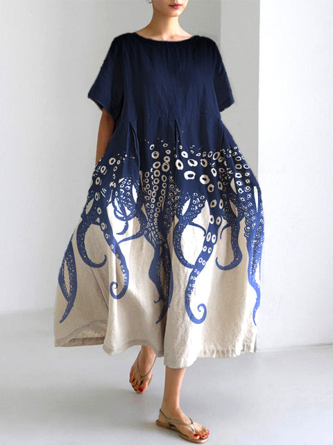 Ocean Octopus Japanese Art Linen Blend Casual Dress