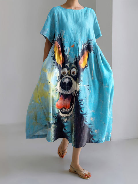 Oil Painting Cut Dog Print Short Sleeve Loose Midi Dress