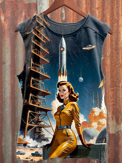 Unisex Retro Female Astronaut Art Illustration Printed Casual Cotton Tank Top