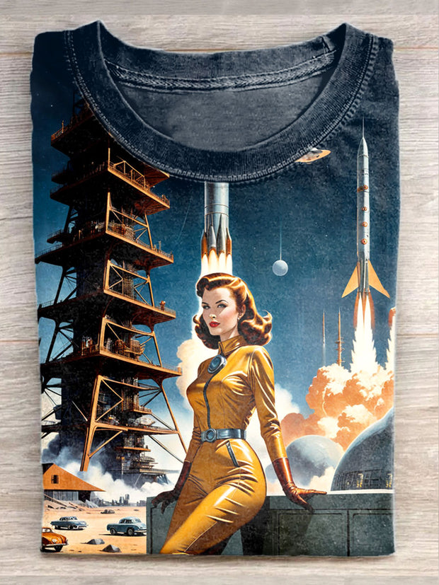 Unisex Retro Female Astronaut Art Illustration Printed Casual Cotton Tank Top