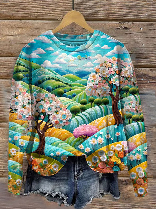 Unisex 3D Pastoral Landscape Art Illustration Printed Casual Crewneck Sweatshirt