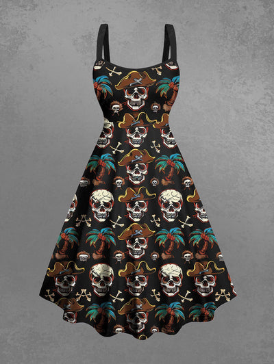 Gothic Skull Pirate Coconut Tree Bone Print Hawaii A Line Tank Dress