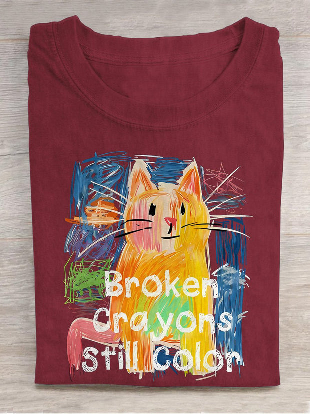 Broken Crayons Still Color Cat Teacher Casual Print T-shirt