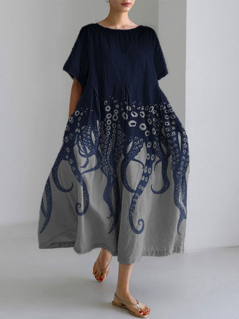 Ocean Octopus Japanese Art Linen Blend Casual Dress