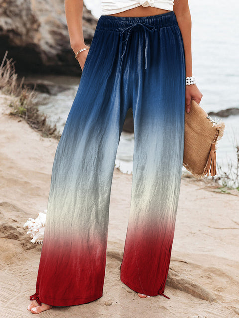 Women's Vacation Red Blue American Flag Gradient Color Retro Pattern Art Printed Cotton And Linen Casual Pants