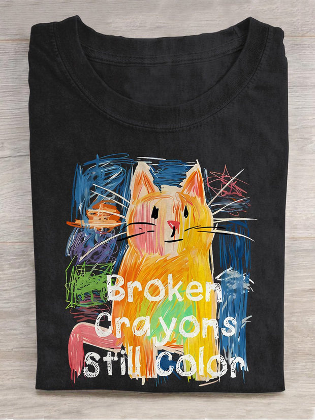 Broken Crayons Still Color Cat Teacher Casual Print T-shirt