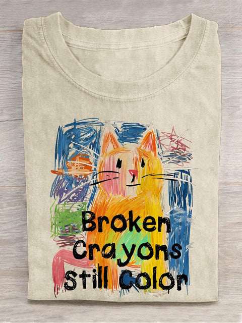 Broken Crayons Still Color Cat Teacher Casual Print T-shirt