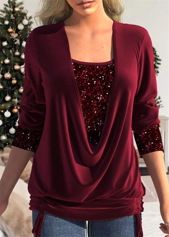 🎁Christmas discount 49% OFF🎄Sequin Loose Smocked Fake Two-Piece Top