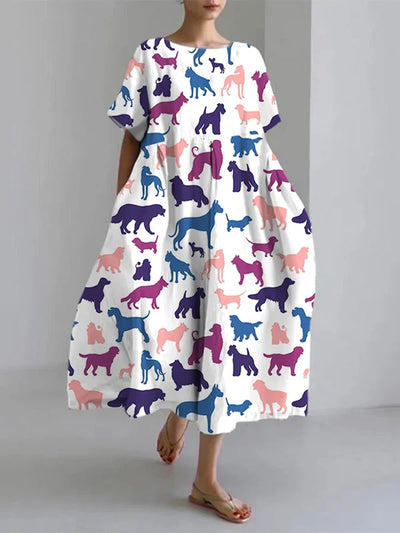 Women‘s Color Block Dog Print Midi Dress