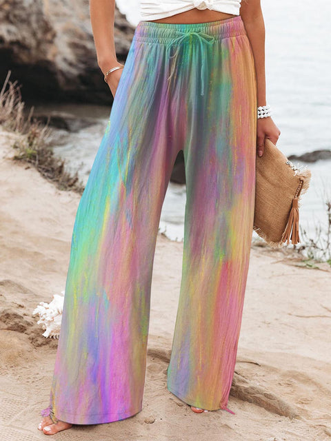 Women's Rainbow Tie Dye Printed Cotton And Linen Casual Pants