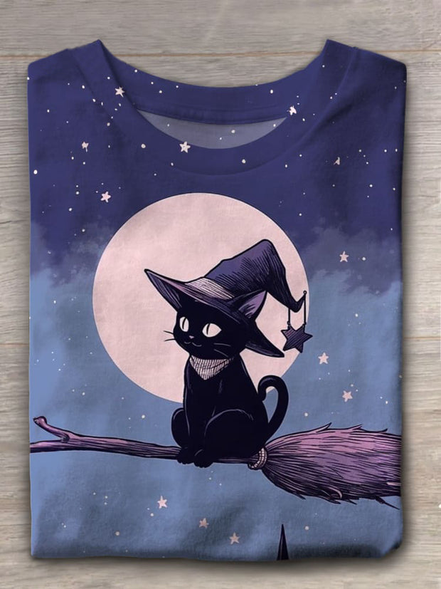 Cute Cat Witch Crew Neck T-shirt