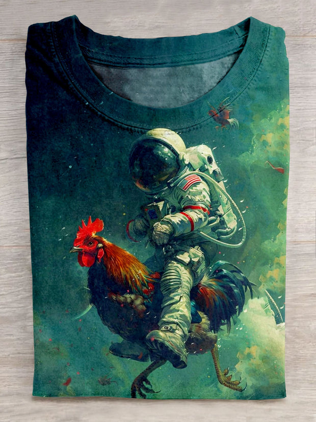 Spaceman Ride A Chicken Art Print Casaul Short Sleeve T-shirt