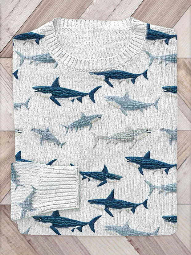 Women Sharks Embroidery Art Cozy Knit Sweater