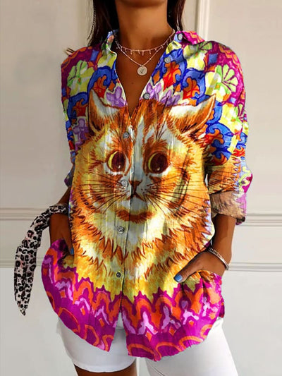 Women's Vintage Cat Art Print Casual Shirt