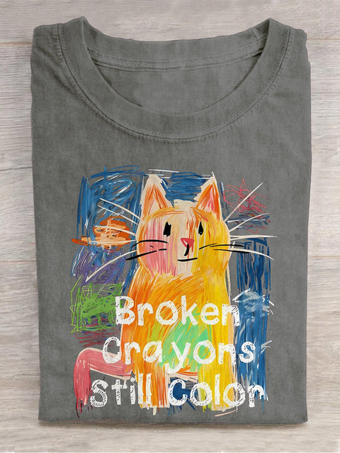 Broken Crayons Still Color Cat Teacher Casual Print T-shirt