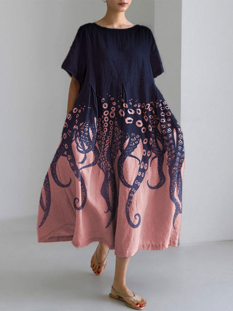 Ocean Octopus Japanese Art Linen Blend Casual Dress