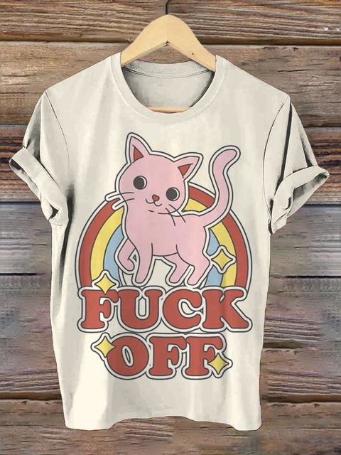 Unisex Fuck Off Cat Funny Words Art Illustration Print Casual Round Neck T-Shirt