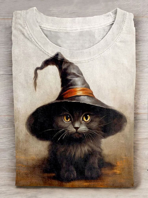 Cute Black Cat Witch  Art Print Casual  Short Sleeve T-shirt