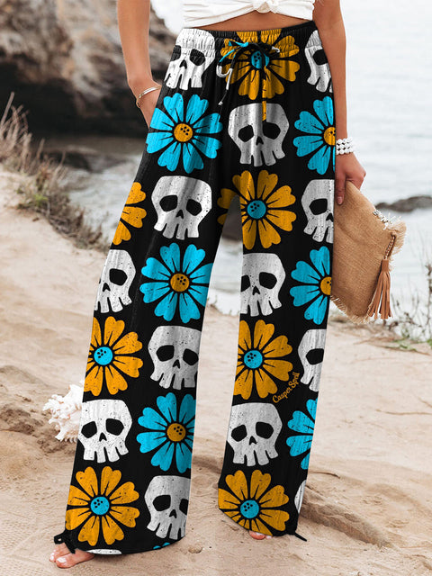 Women's Retro Skull Flowers Printed Cotton And Linen Casual Pants