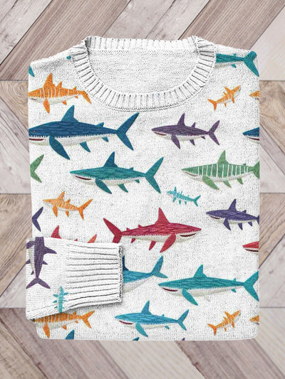 Women Colorful Shark Faux Embroidery Knit Sweater