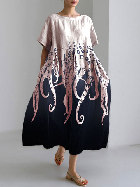 Ocean Octopus Japanese Art Linen Blend Casual Dress