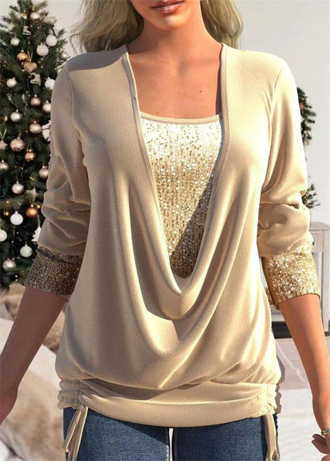 🎁Christmas discount 49% OFF🎄Sequin Loose Smocked Fake Two-Piece Top