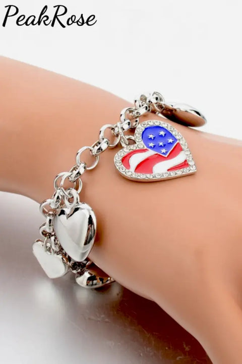 Alloy American Flag Heart Charm Bracelet