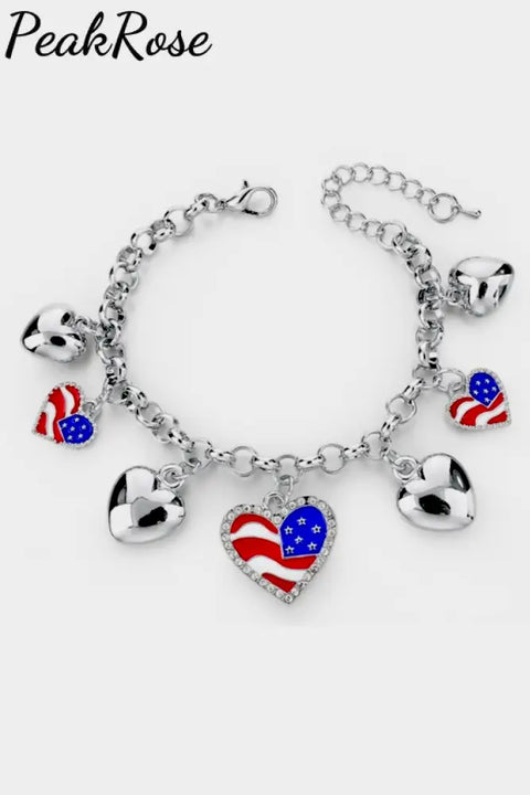 Alloy American Flag Heart Charm Bracelet