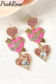 Alloy Oil Drop Diamond Heart Earrings Pink