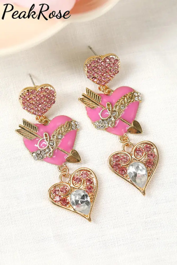 Alloy Oil Drop Diamond Heart Earrings Pink