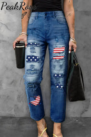 America Flag Heart-Shape Graphic Casual Mid Waist Ripped Jeans