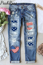 America Flag Heart-Shape Graphic Casual Mid Waist Ripped Jeans