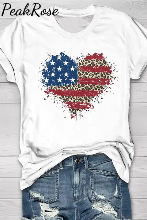 American Flag Heart Leopard Round Neck Shift Casual T-Shirt T-Shirt