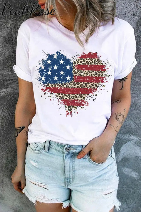 American Flag Heart Leopard Round Neck Shift Casual T-Shirt S / White T-Shirt